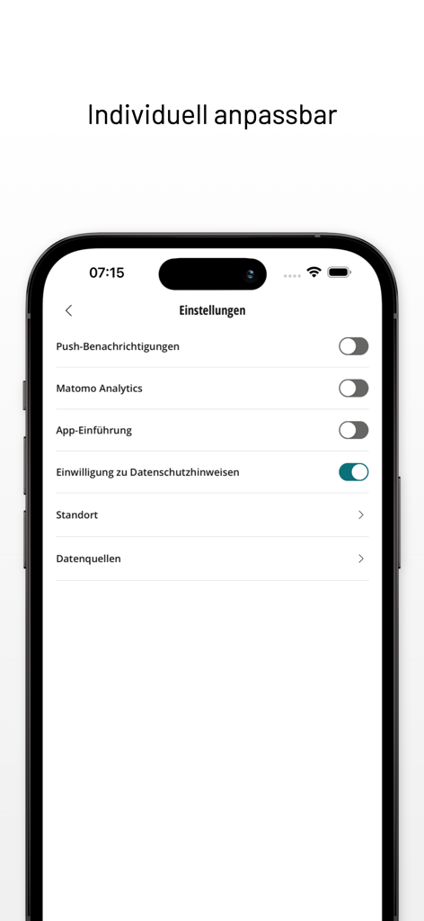 Tela de configurações do aplicativo Meine Region Linz mostrando opções personalizáveis para notificações push e privacidade