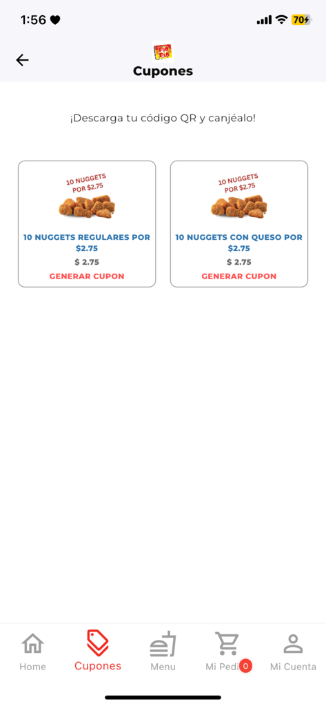 Pantalla de cupones de la app móvil Pio Pio con ofertas especiales en nuggets de pollo regulares y de queso.