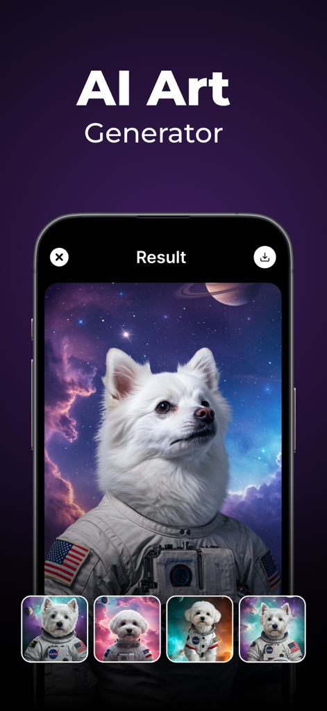 Pixelate - AI Photo Enhancer - A white dog wearing an astronaut suit in space created with Pixelate AI Art Generator