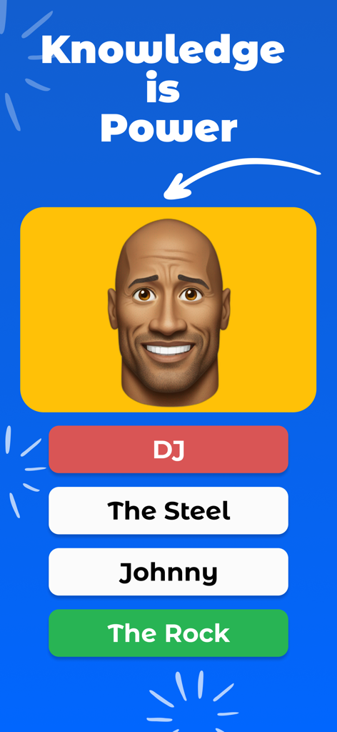 Quizy - General Knowledge Quiz - Pregunta de trivia de celebridades de la aplicación móvil Quizy con una caricatura de The Rock