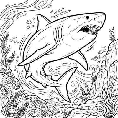 Unleash your creativity with this epic Megalodon coloring page, specially designed for teens. Explore the powerful prehistoric shark in a dramatic scene hinting at its ancient world and eventual extinction.