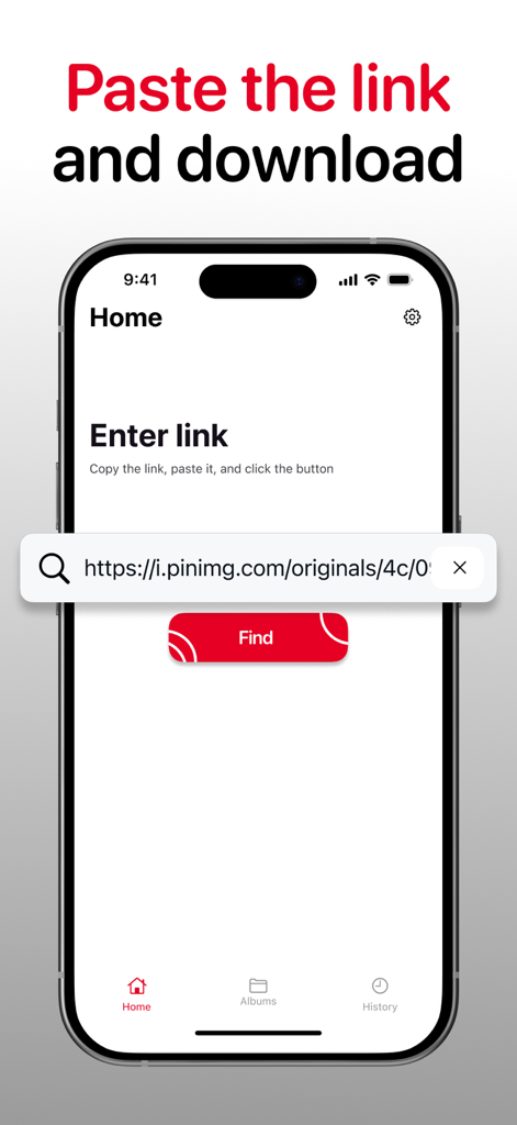 Pinterest Downloader - PinSave - Tela do aplicativo PinSave com um campo para colar um link do Pinterest e um botão vermelho de encontrar