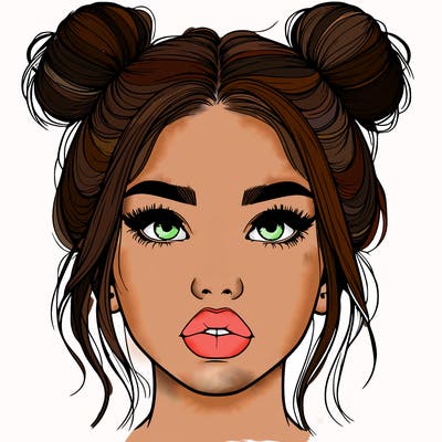 realistic girl with two buns on her hair and lips
