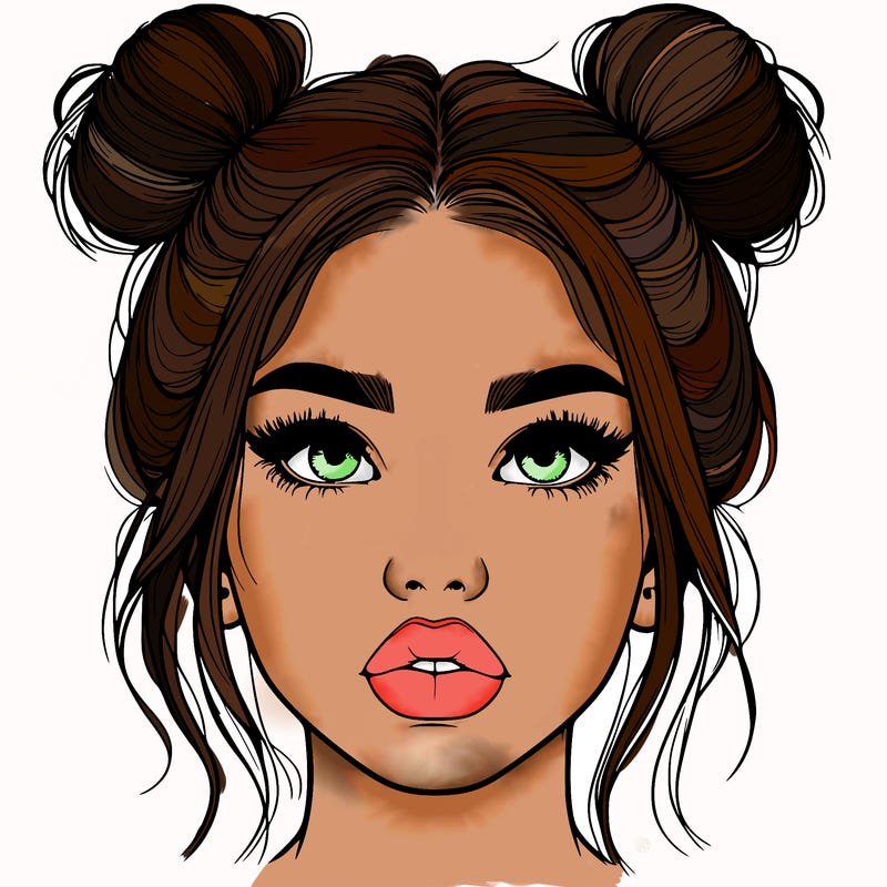 realistic girl with two buns on her hair and lips