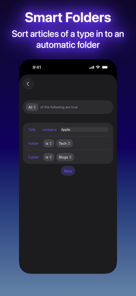 Elytra - Elytra app interface showing the smart folders setup with custom rules for sorting articles automatically based on title and category