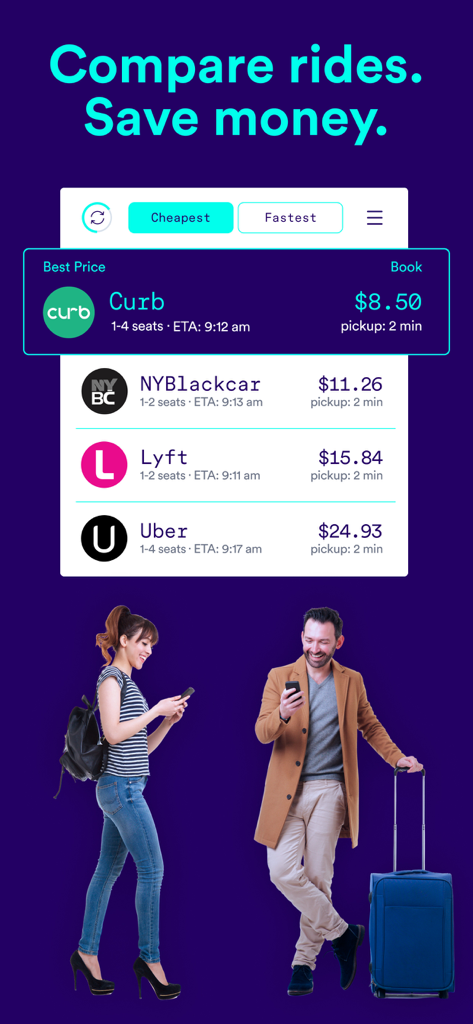Obi - Get the cheapest ride. - Obi app screen showing price comparisons between Uber Lyft and Curb to find the cheapest ride