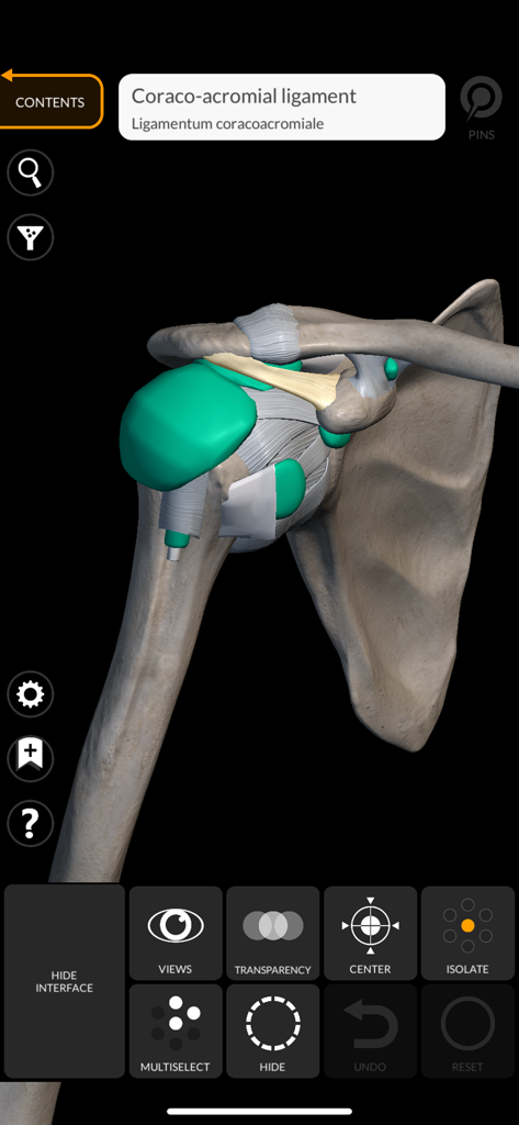 Anatomy 3D Atlas - Interactive 3D model of the human shoulder highlighting the coraco-acromial ligament in a medical education app