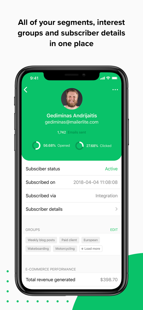 MailerLite Classic Manager - Interface of MailerLite Classic Manager showing subscriber profile engagement metrics and revenue