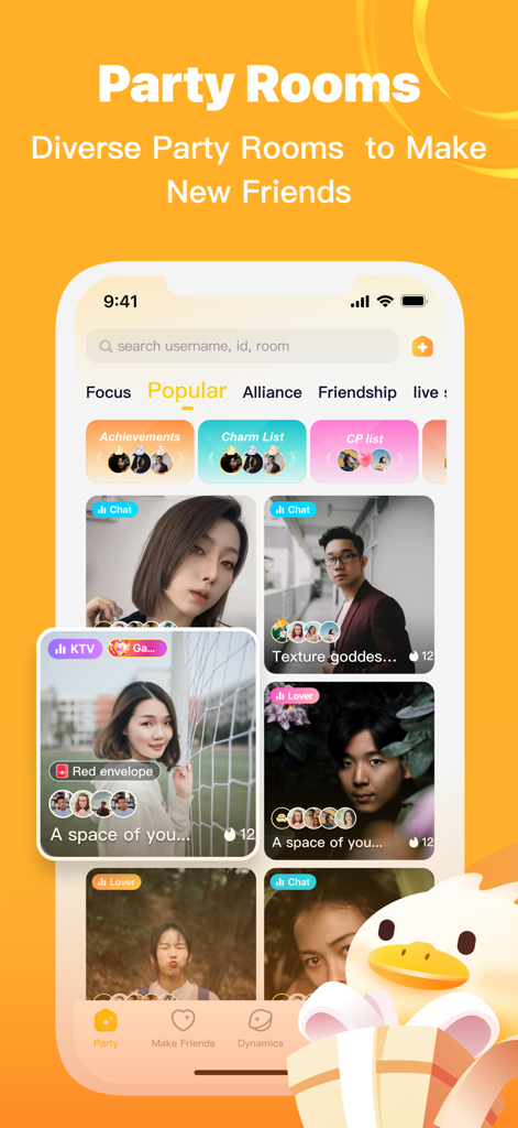 A mobile interface of Chati showing various social party rooms with user profiles and categories like popularity and friendship.