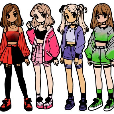 one girl with crop-top shirt and a jacket with a skirt, long socks and another girl with a shirt and pants with a jacket