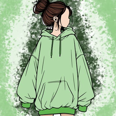 realistic girl with a oversized sweatshirt on and a bun