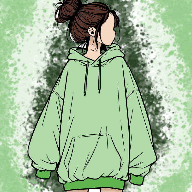 realistic girl with a oversized sweatshirt on and a bun