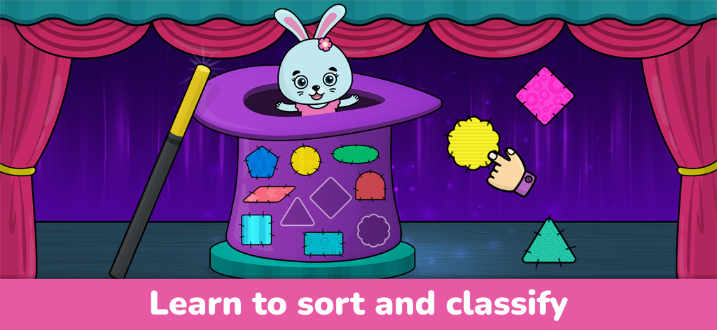 A toddler educational game screen featuring a bunny in a magician hat and a shape sorting activity