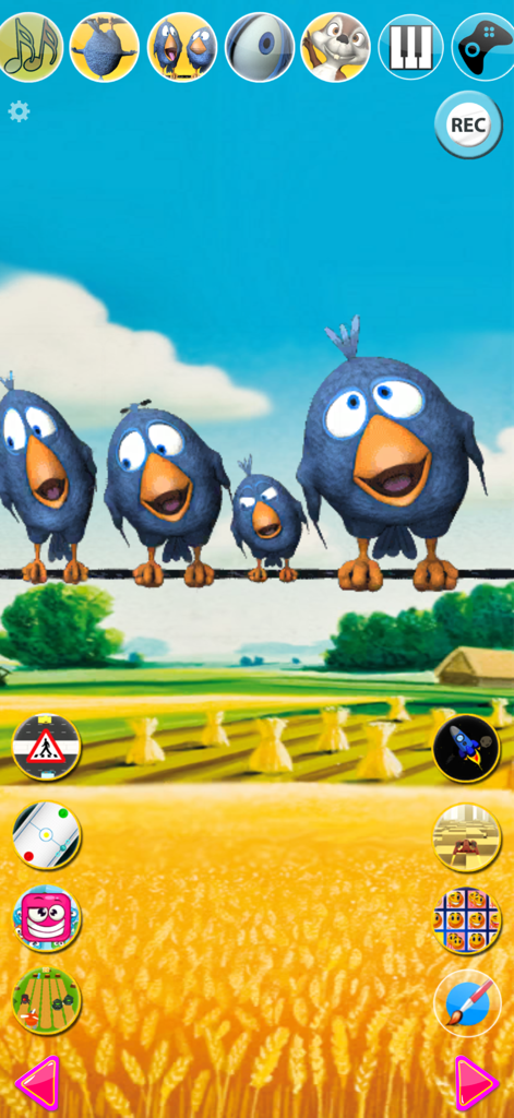 Talking Birds On A Wire - Four funny blue cartoon birds sitting on a wire in a golden wheat field