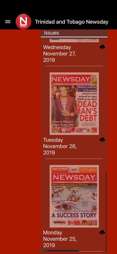 Newsday NTouch - Mobile app interface of Trinidad and Tobago Newsday displaying a list of daily newspaper issues available for download.