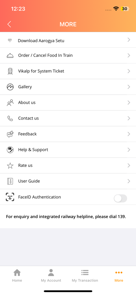 The More menu screen of the IRCTC Rail Connect app showing food ordering, Vikalp scheme, and FaceID authentication settings.