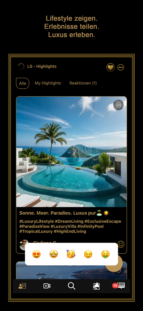 LuxurySecret: Dating & Love - LuxurySecret dating app interface showing lifestyle highlights with a photo of a premium infinity pool overlooking the ocean.