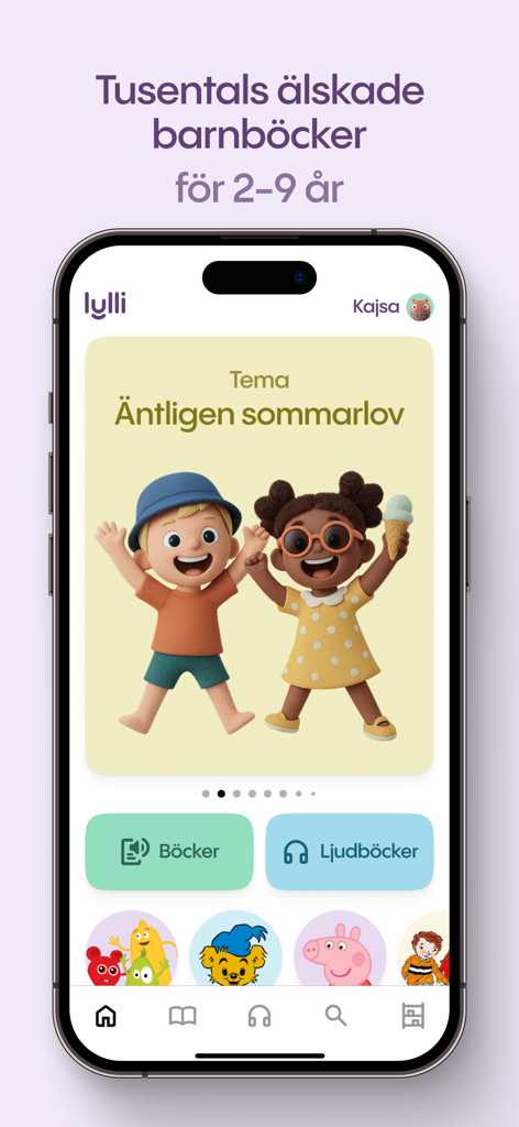 Lylli: Tusentals barnböcker - Lylli mobile app home screen featuring children's digital books and audiobooks categories for kids aged 2 to 9