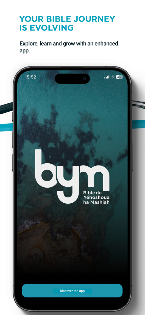 Bible de Yéhoshoua Mashiah - Home screen of the Bible de Yehoshoua Mashiah app displaying the BYM logo and a welcome message.