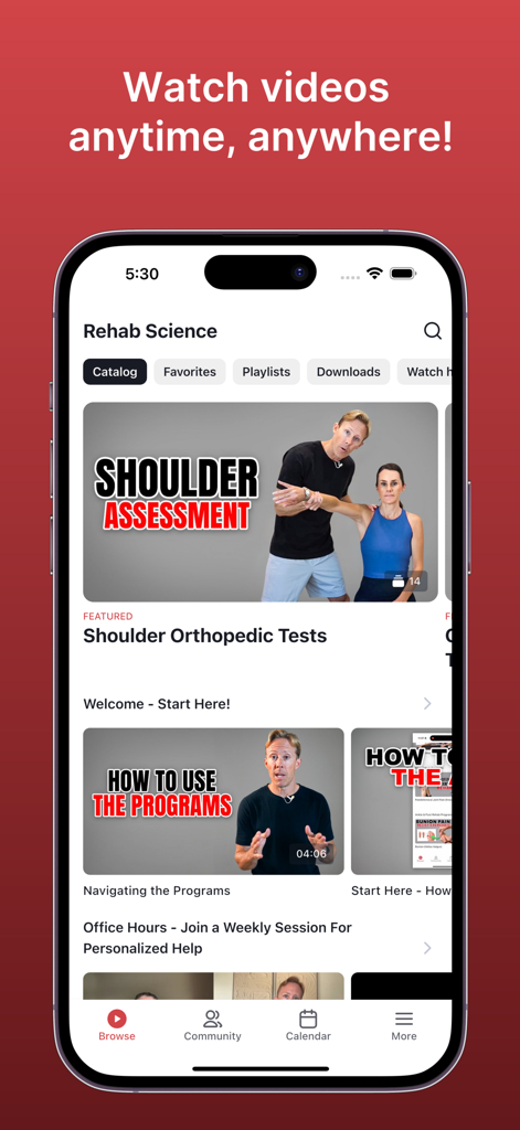 Rehab Science - Pantalla de la aplicación Rehab Science que muestra un catálogo de videos con videos instructivos de fisioterapia para la evaluación del hombro.