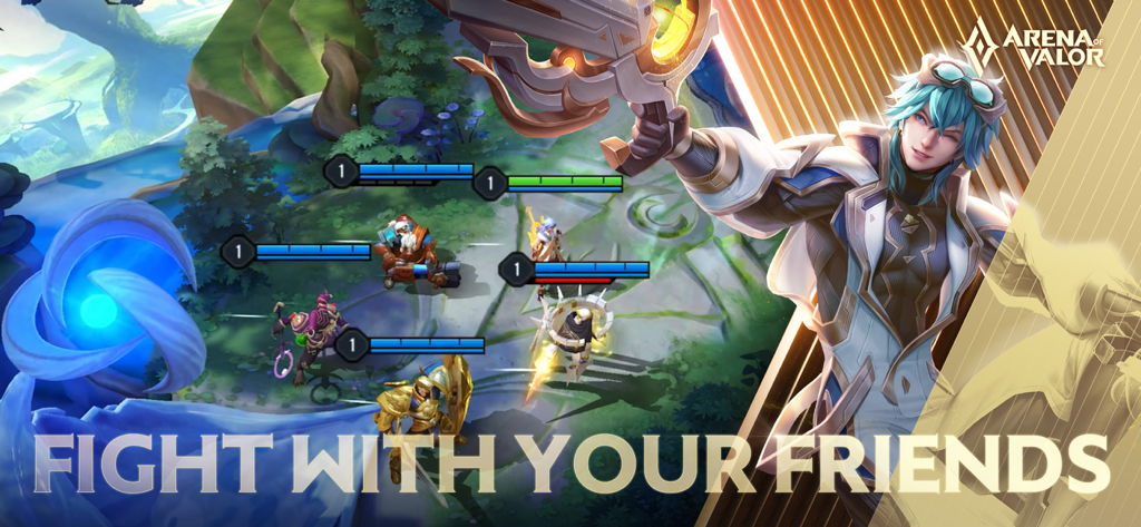 Captura de pantalla del juego Arena of Valor que muestra a varios héroes en un mapa de batalla con el texto Lucha con tus amigos