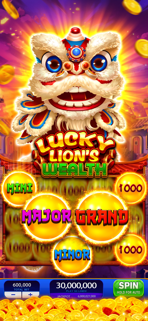 Juego de Jackpot Casino Slots Party mostrando la máquina Lucky Lion Wealth con recompensas de bote mayor y principal