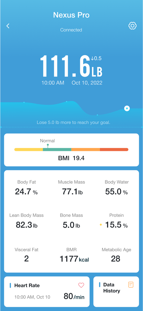 L'app iHealth MyVitals che mostra metriche di peso e composizione corporea dalla bilancia Nexus Pro.