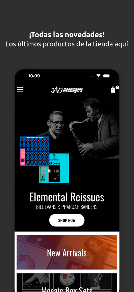 Pantalla de inicio de la aplicación móvil Jazz Messengers con reediciones de vinilos de jazz y nuevas llegadas.