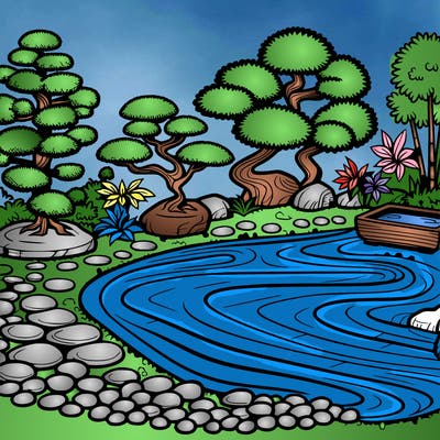 a serene zen garden with raked gravel, bonsai trees, and tranquil ponds