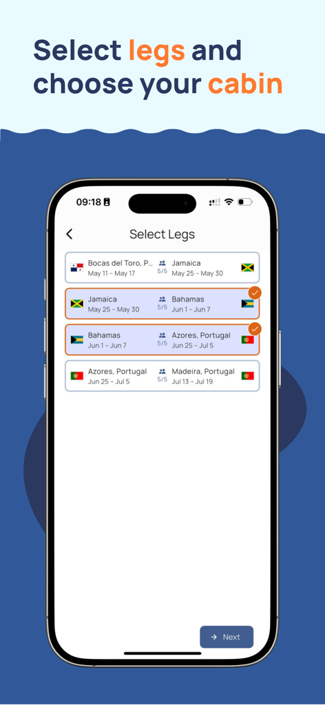 Interface de l'application mobile Yacht Cabin pour sélectionner des segments de voyage à voile et des destinations spécifiques