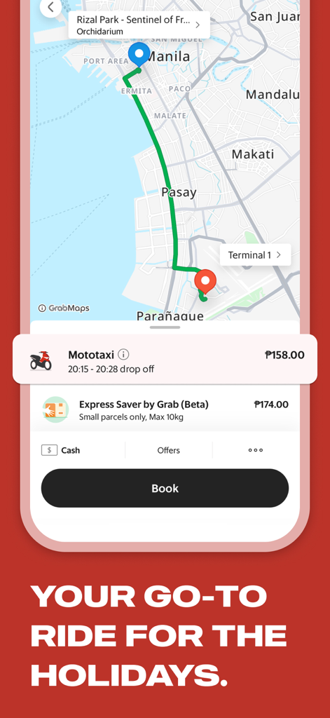 マニラの地図ルートと料金見積もりを備えたバイクタクシー予約インターフェースを示すMove Itアプリのスクリーンショット