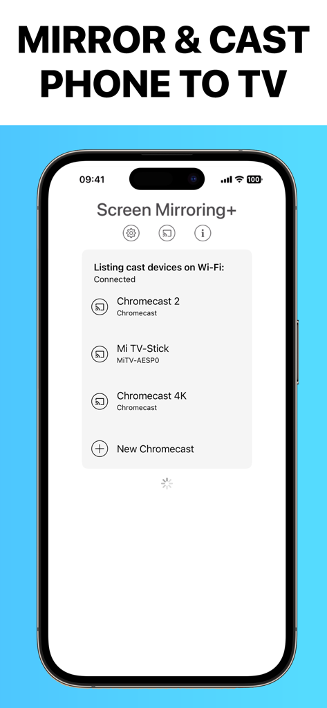 Schermata dell'iPhone dell'app Screen Mirroring che mostra un elenco di dispositivi Chromecast e Google TV disponibili