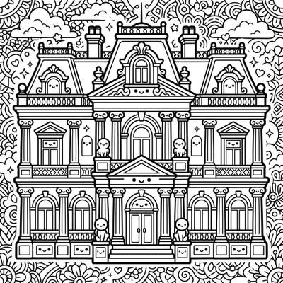 Discover the enchanting blend of classical grandeur and adorable Japanese charm with this Kawaii Beaux-Arts mansion coloring page. This delightful design invites you to bring a magnificent home to life with your favorite colors and creative flair.