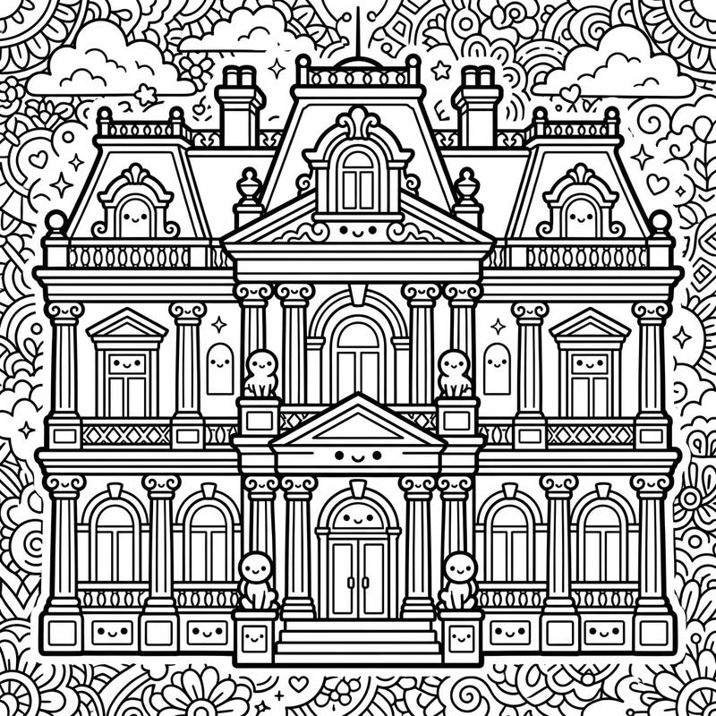 Discover the enchanting blend of classical grandeur and adorable Japanese charm with this Kawaii Beaux-Arts mansion coloring page. This delightful design invites you to bring a magnificent home to life with your favorite colors and creative flair.