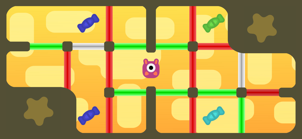 A minimalist logic puzzle grid from the Coloured Doors game featuring a pink character and colorful paths