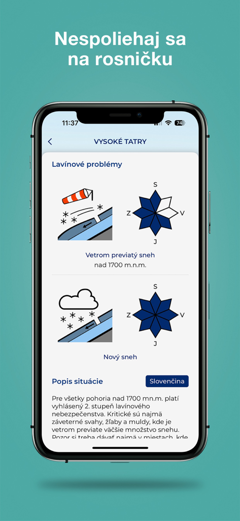Pantalla de la app móvil que muestra informes de peligro de avalanchas y condiciones de nieve para las montañas de los Altos Tatras.