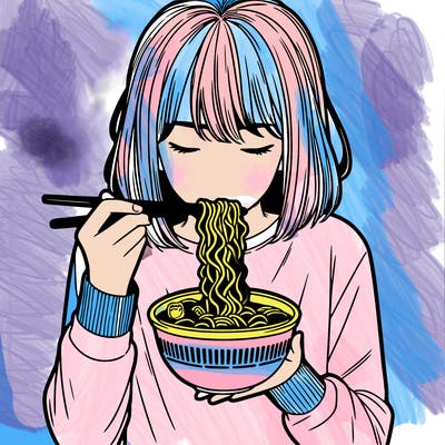 a girl realistic eating ramen noodles
