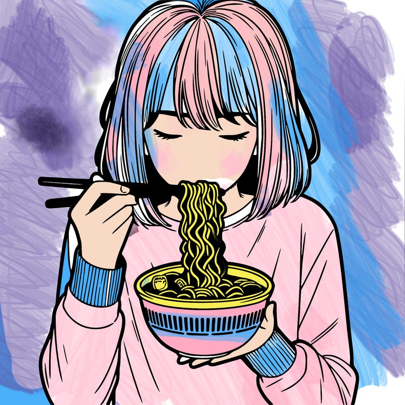 a girl realistic eating ramen noodles