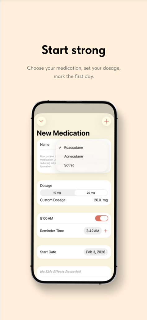 Iso - Pantalla de la aplicación Iso para configurar una nueva medicación con retinoides con opciones de dosis y recordatorios diarios