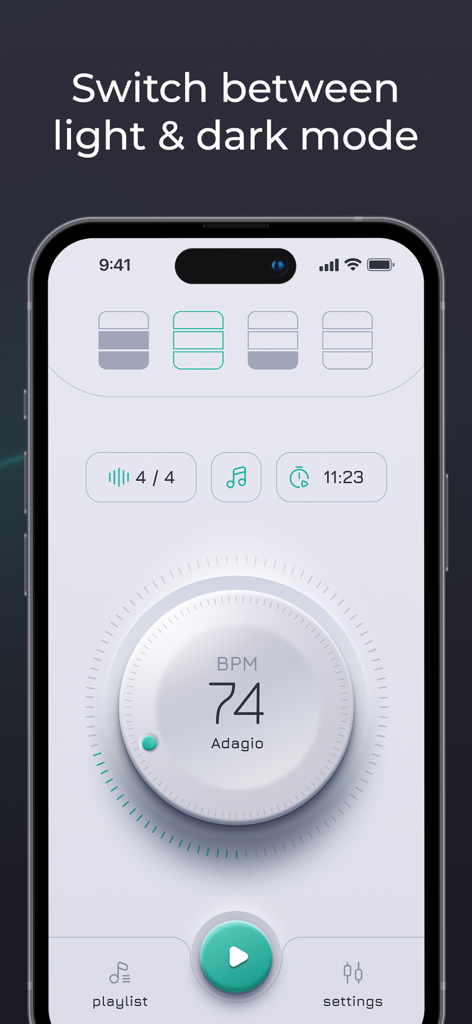 Metronome – Beats & Tempo - A smartphone displaying the Metronome app in light mode with a tempo dial and practice timer.