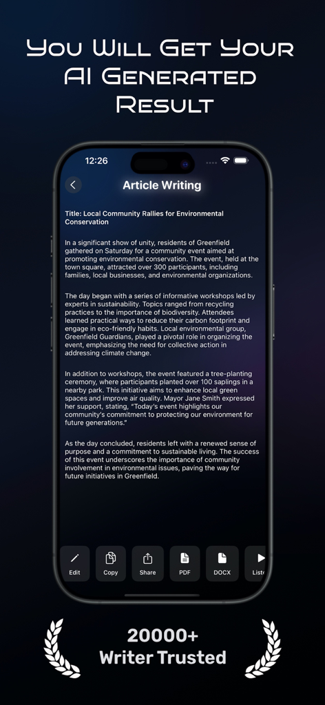 AI Writer & Essay Generator - Mobile app interface of AI Writora showing a generated article about environmental conservation with options to edit and share.