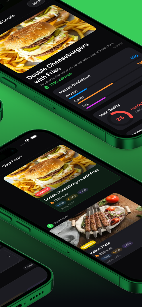 BodyMorpher: 3D Body Tracker - BodyMorpher app screenshots showing detailed food logging with calorie counts and macro breakdown for different meals