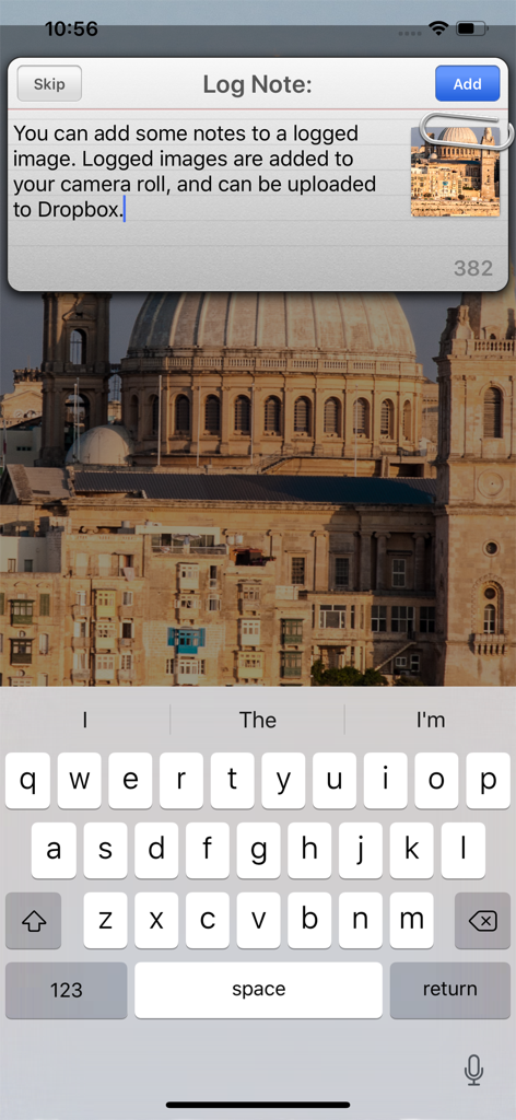 Pocket Light Meter - Log note screen in the Pocket Light Meter app for adding photo descriptions