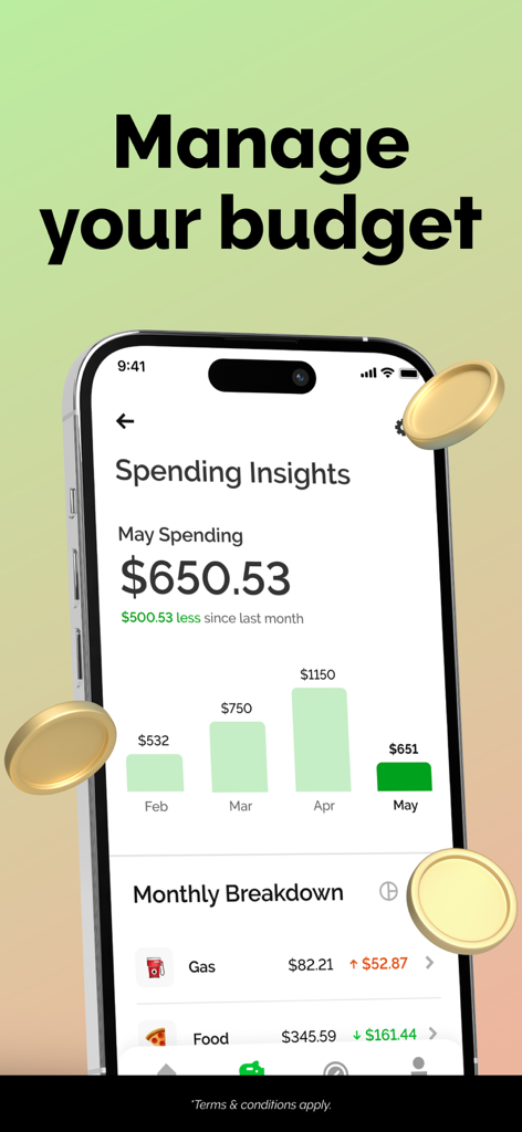 Spending insights screen in the Grant Cash Advance app showing a monthly budget and expense breakdown.