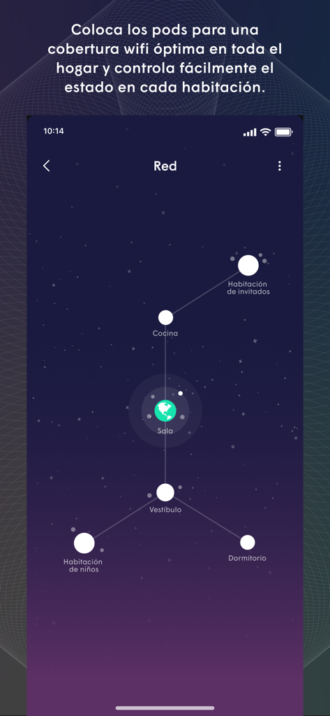 TIGO wifi+ - Interfaz de la aplicación Tigo wifi plus que muestra un mapa de malla de red doméstica con pods conectados en diferentes habitaciones