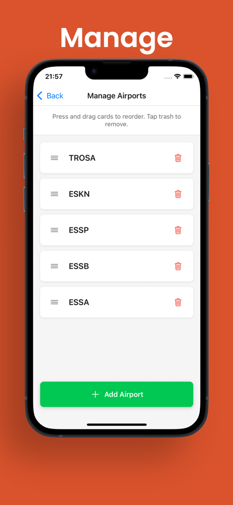 Local Flight WX - Manage airports screen showing a list of ICAO airport codes in the Local Flight WX app