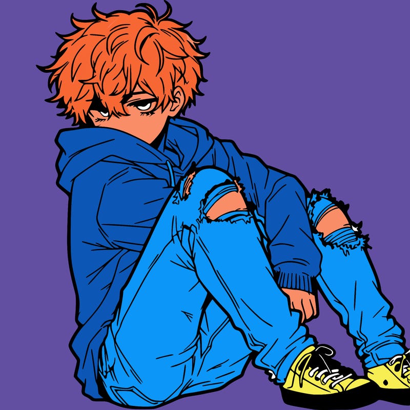 a male hoddie ripped jeans messy hair anime