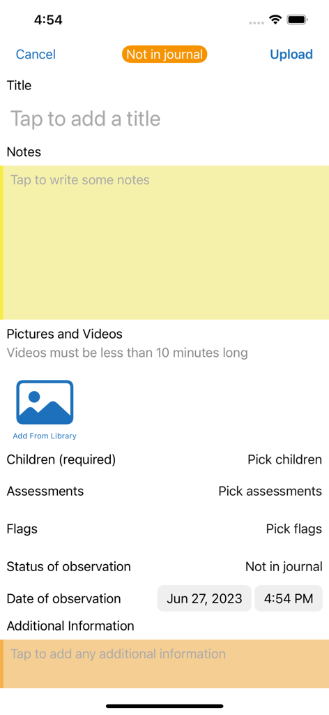 A screen in the Tapestry Journal app for educators to create a new child observation with fields for title notes and media