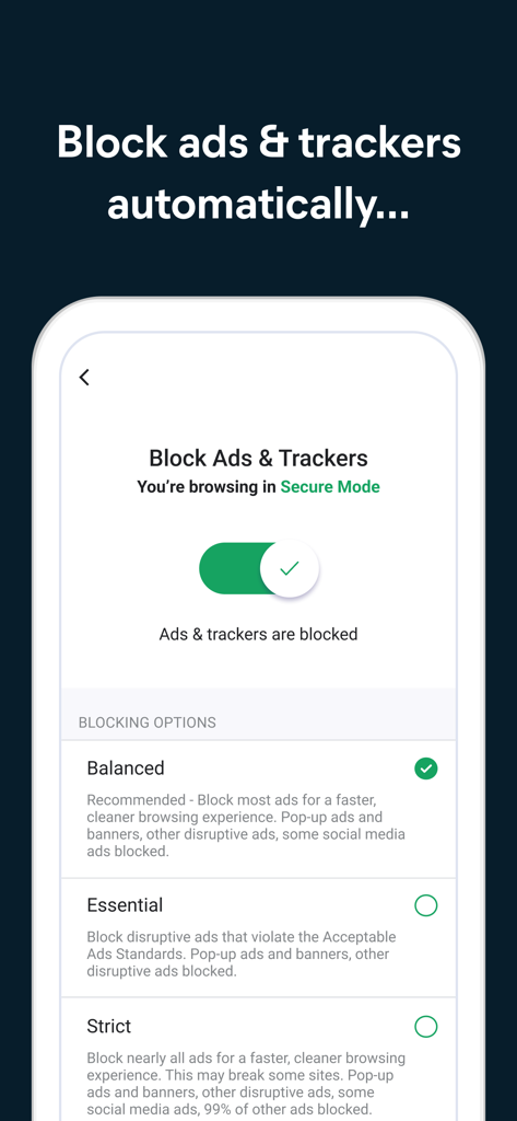 Interfaz de la aplicación Avast Secure Browser mostrando la configuración para bloquear automáticamente anuncios y rastreadores en modo seguro.