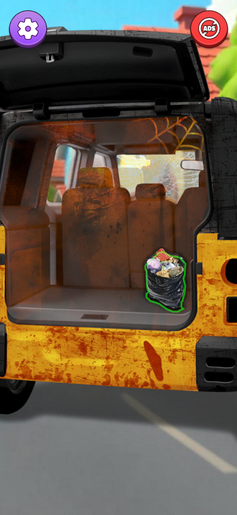 Car Satisfying: Cleaning ASMR - クリーニングシミュレーションゲームの、ゴミ袋が入った汚れた黄色い車のトランク